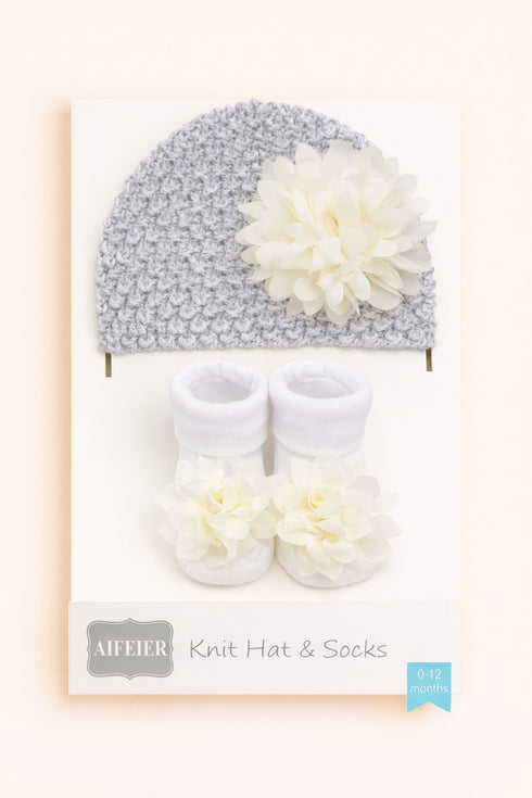 Gray Knit Hat & Light Yellow Flower Booties Set