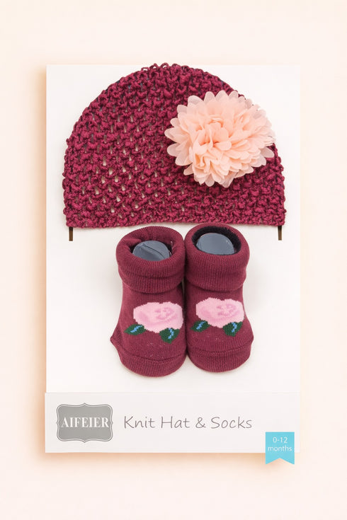 Maroon Knit Hat & Flower Printed Booties Set