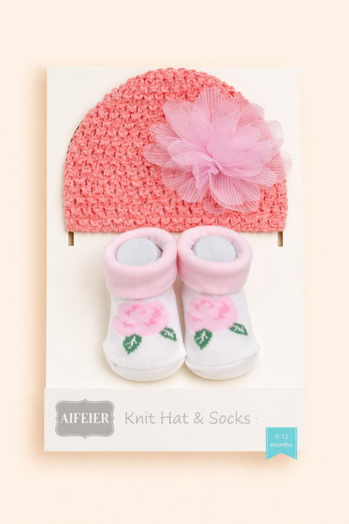Magenta Knit Hat & Flower Printed Booties Set