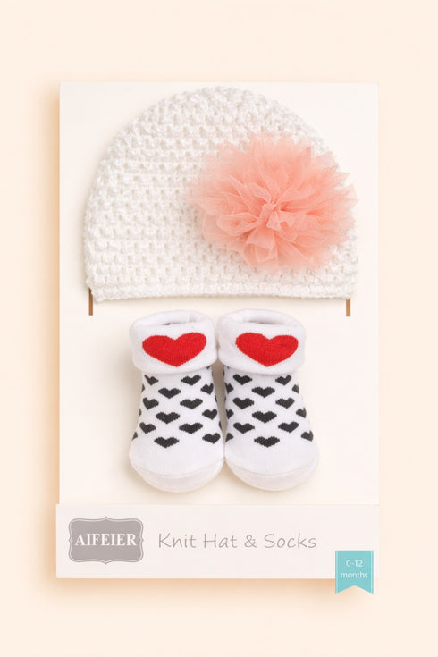 White Knit Hat & Hearts Printed Booties Set