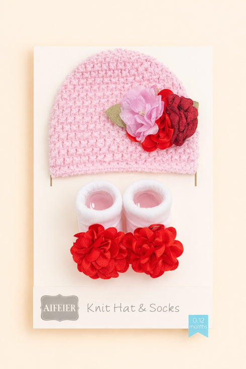 Baby Pink Knit Hat & Red Flower Booties Set