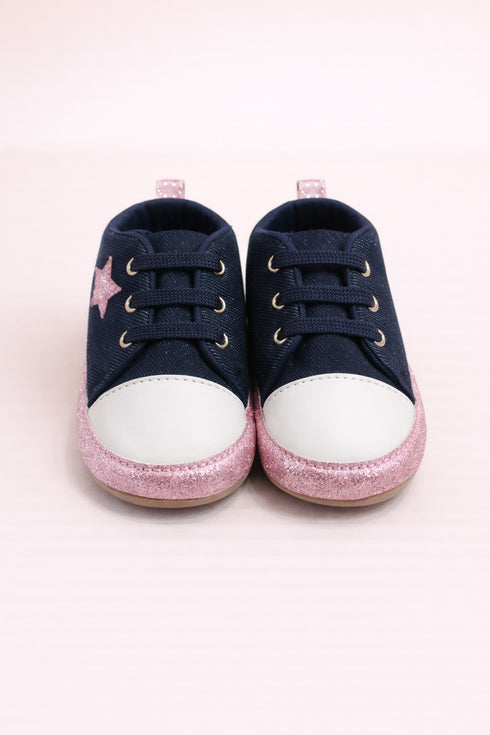 Pink Star Twinkle Navy Velcro Baby Sneakers