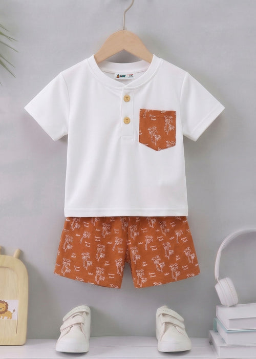 Palm Trees Printed Henley Interlock Short Set