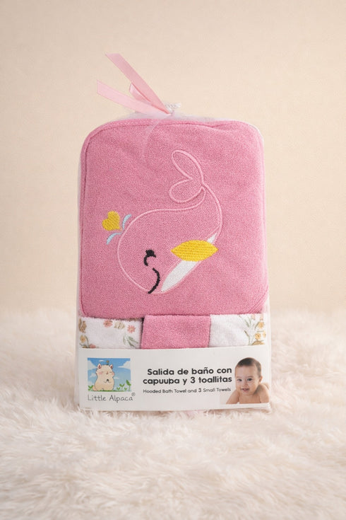 Baby Hooded Bath Towel Set With 3 Wash Cloths (Pink)