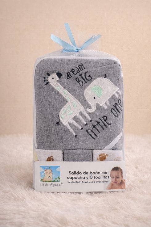 Baby Hooded Bath Towel Set With 3 Wash Cloths (Grey)