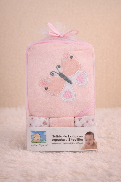 Baby Hooded Bath Towel Set With 3 Wash Cloths (Light Pink)
