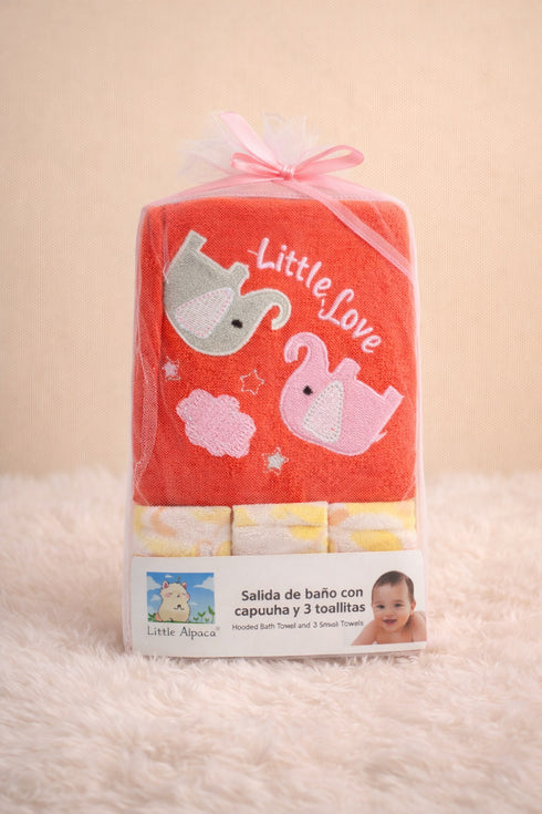 Baby Hooded Bath Towel Set With 3 Wash Cloths (Red)