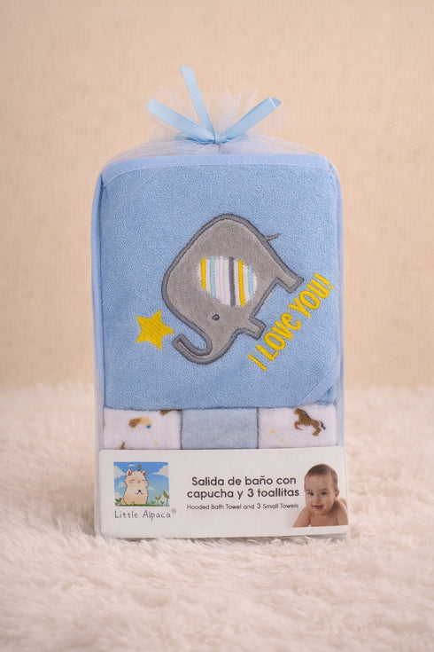Baby Hooded Bath Towel Set With 3 Wash Cloths (Sky Blue)