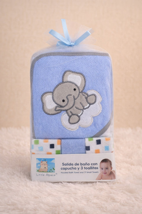 Baby Hooded Bath Towel Set With 3 Wash Cloths (Blue)