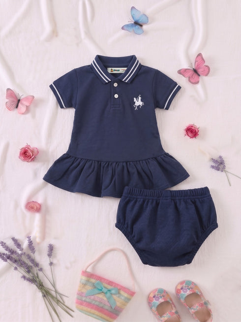 Navy Embroidered Polo Frock Set
