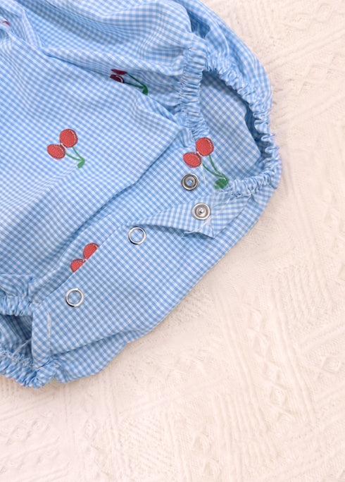 Sky Blue Checkered Cherries Printed Frilled Bodysuit