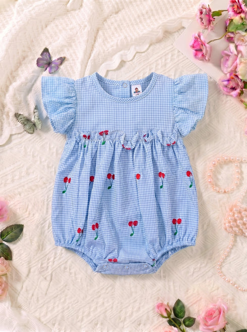 Sky Blue Checkered Cherries Printed Frilled Bodysuit