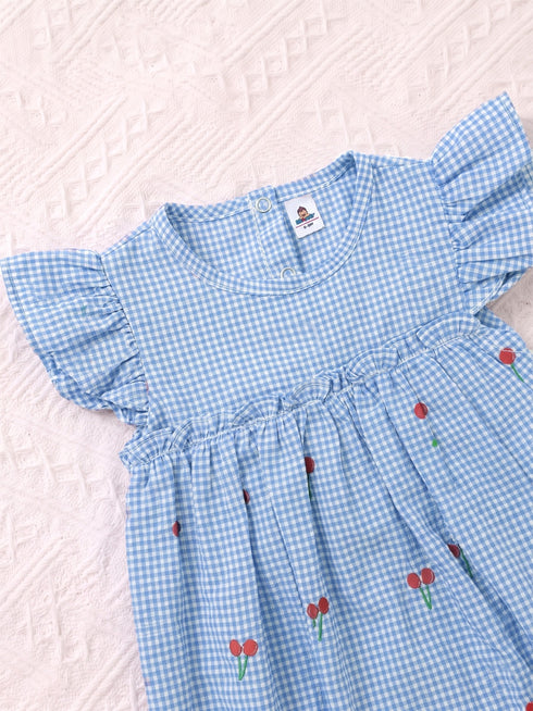 Sky Blue Checkered Cherries Printed Frilled Bodysuit