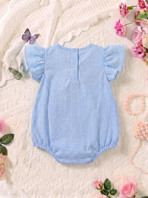 Sky Blue Checkered Cherries Printed Frilled Bodysuit