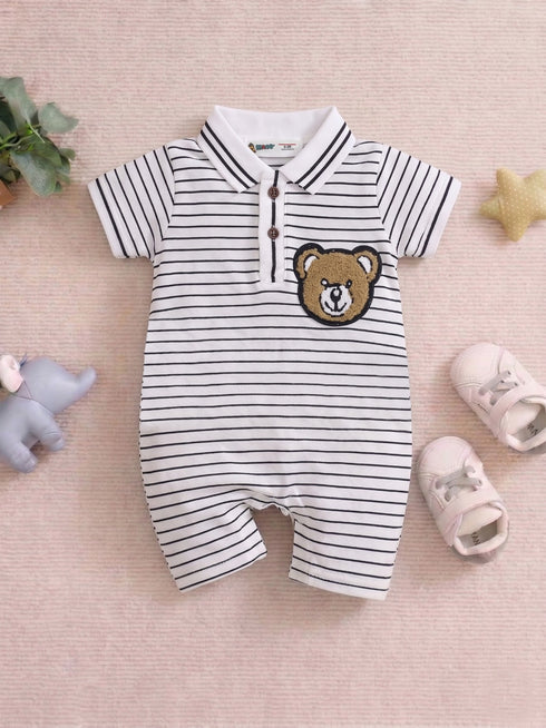 Striped Bear Embroidery Polo Romper