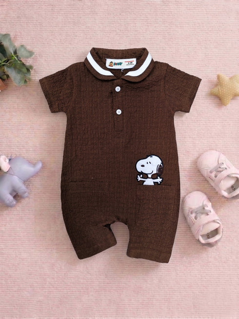 Snoopy Embroidery Jacquard Polo Romper (Brown)