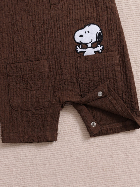 Snoopy Embroidery Jacquard Polo Romper (Brown)