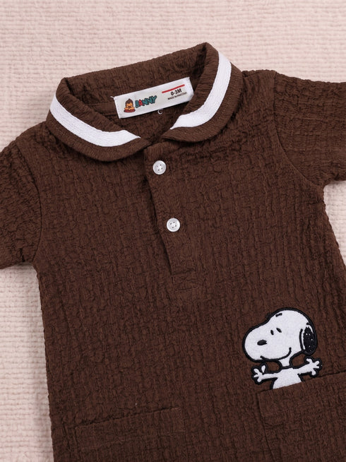 Snoopy Embroidery Jacquard Polo Romper (Brown)
