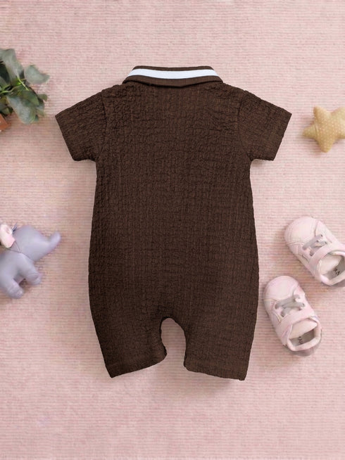 Snoopy Embroidery Jacquard Polo Romper (Brown)