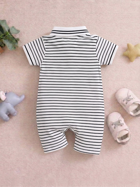 Striped Bear Embroidery Polo Romper