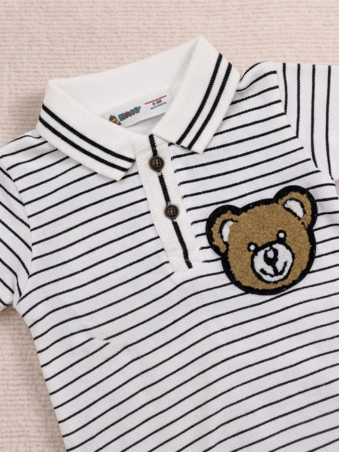 Striped Bear Embroidery Polo Romper