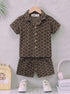 Brown Wave Pattern Cuban Collar Short Set