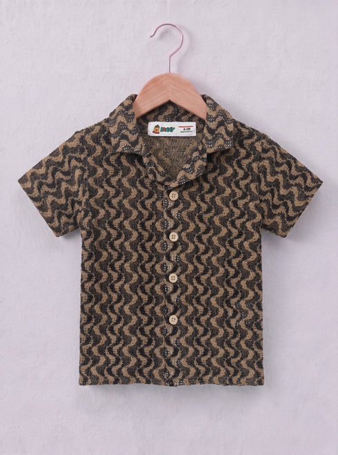 Brown Wave Pattern Cuban Collar Short Set