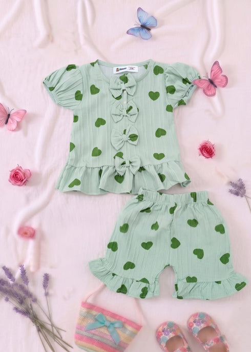 Green Hearts Bow Detail Frock Set