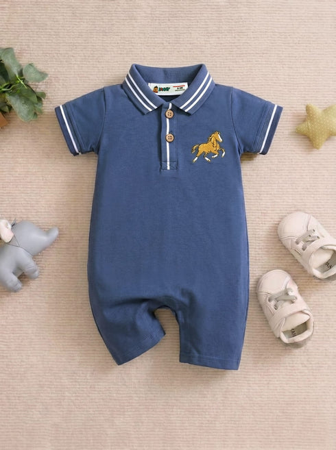Blue Embroidered Polo Romper