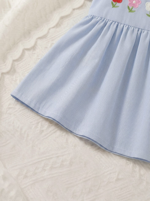Bloom Belle Sky Blue Embroidered Striped Baby Frock