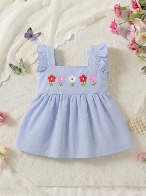 Bloom Belle Sky Blue Embroidered Striped Baby Frock