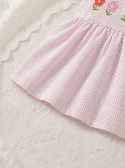 Bloom Belle Blush Pink Embroidered Striped Baby Frock