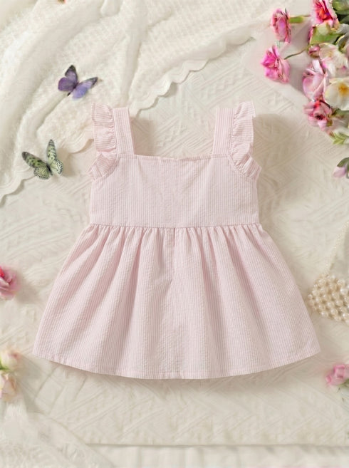 Bloom Belle Blush Pink Embroidered Striped Baby Frock