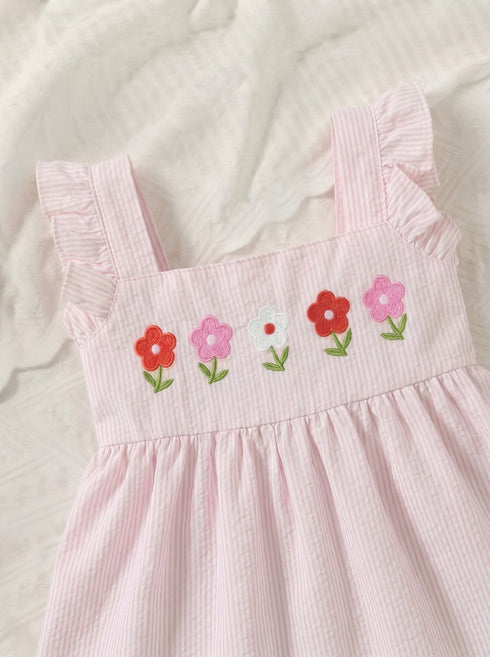 Bloom Belle Blush Pink Embroidered Striped Baby Frock