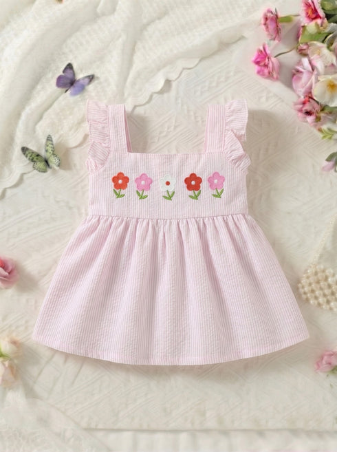 Bloom Belle Blush Pink Embroidered Striped Baby Frock
