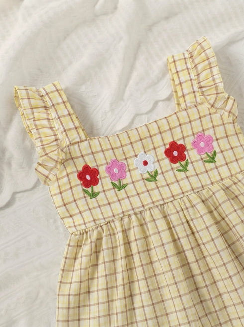 Bloom Belle Cream Embroidered Plaid Baby Frock