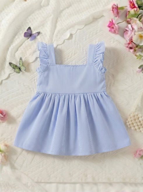 Bloom Belle Sky Blue Embroidered Striped Baby Frock