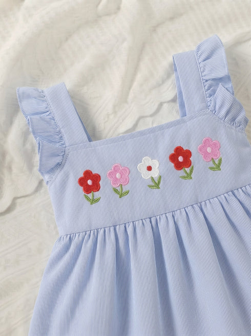 Bloom Belle Sky Blue Embroidered Striped Baby Frock