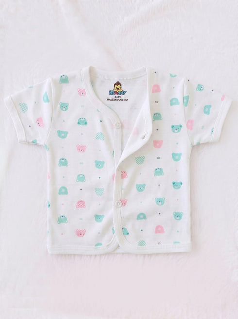 Green & Pink Tiny Bear Faces Half Sleeve Night Suit