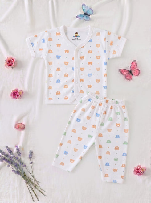 Orange & Blue Tiny Bear Faces Half Sleeve Night Suit