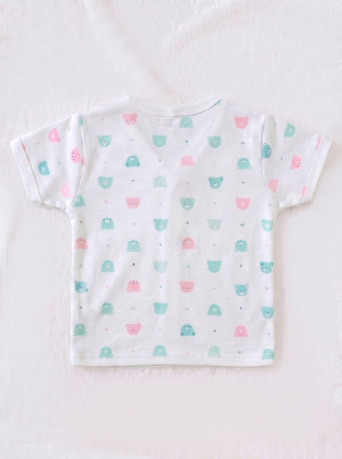 Green & Pink Tiny Bear Faces Half Sleeve Night Suit