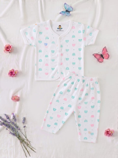 Green & Pink Tiny Bear Faces Half Sleeve Night Suit