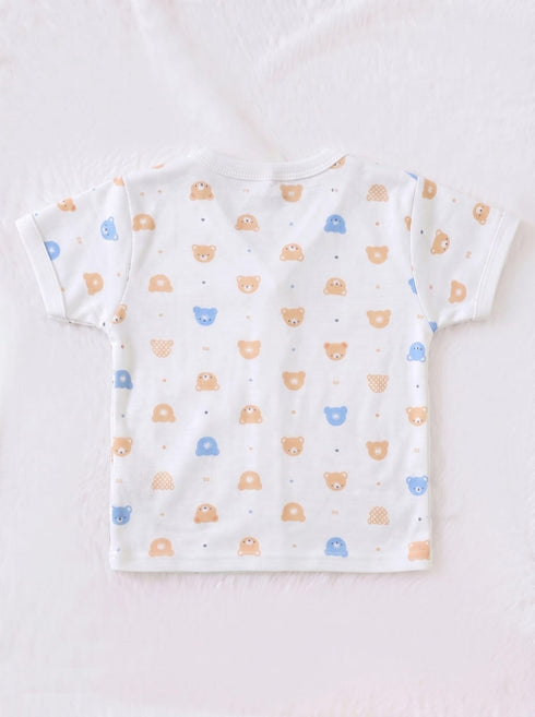 Orange & Blue Tiny Bear Faces Half Sleeve Night Suit