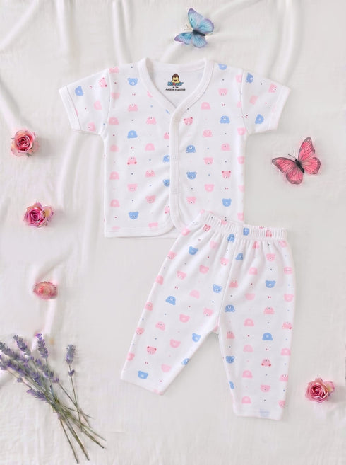 Pink & Blue Tiny Bear Faces Half Sleeve Night Suit
