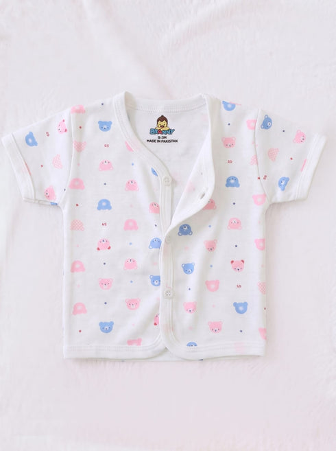 Pink & Blue Tiny Bear Faces Half Sleeve Night Suit