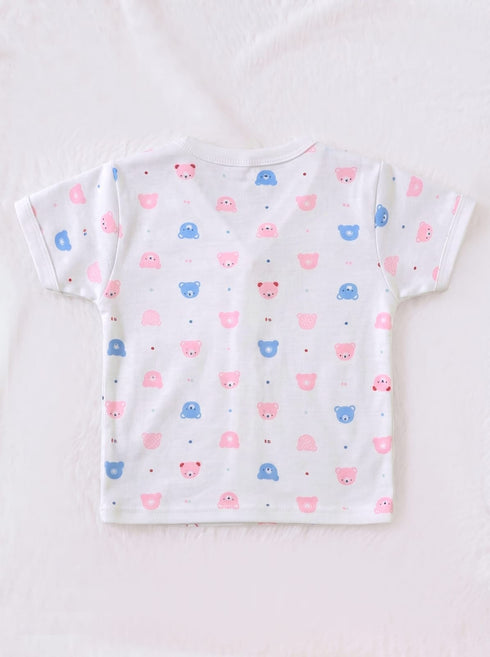 Pink & Blue Tiny Bear Faces Half Sleeve Night Suit