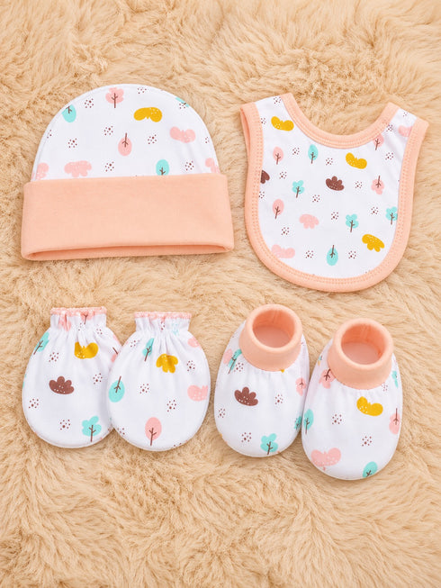 4 Pcs Baby Mittens, Cap, Bib & Socks Gift Set