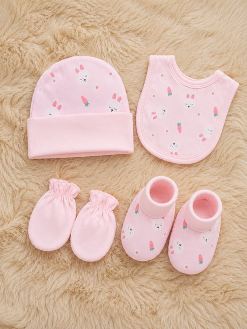 4 Pcs Baby Mittens, Cap, Bib & Socks Gift Set