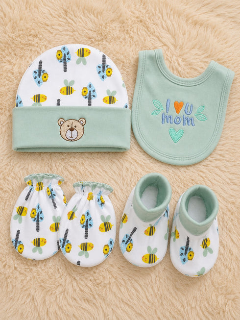 4 Pcs Baby Mittens, Cap, Bib & Socks Gift Set