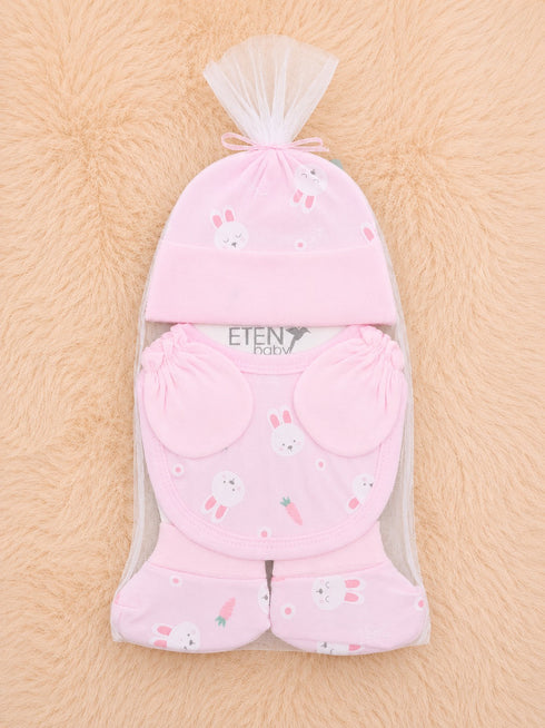 4 Pcs Baby Mittens, Cap, Bib & Socks Gift Set